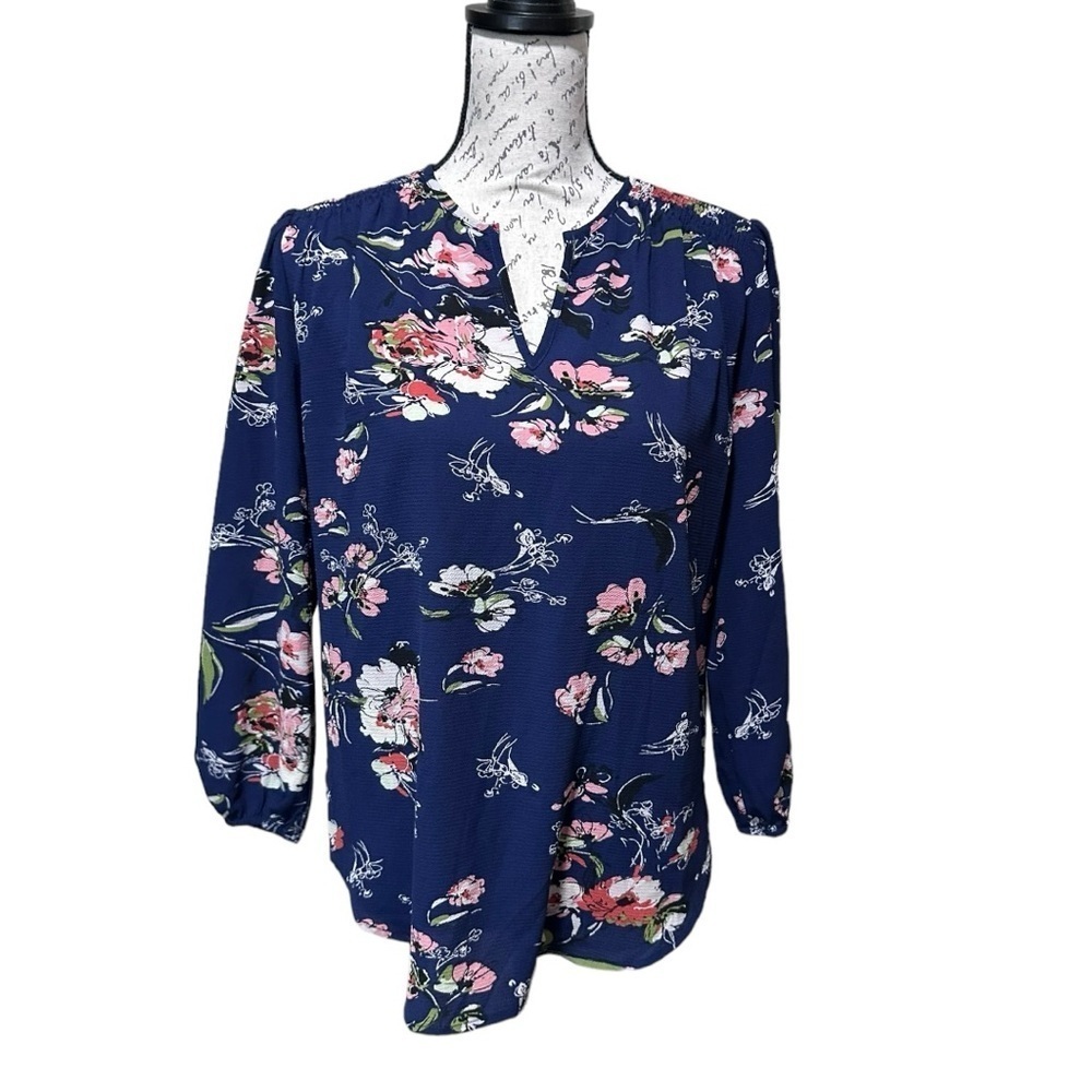 fun2fun Navy Blue Floral 3/4 Sleeve Blouse Size Small NWOT